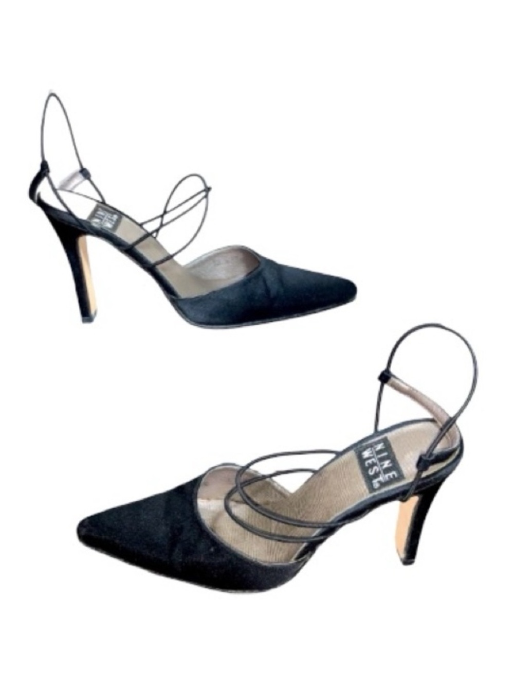 Y2K Vintage Nine West Strappy Satin Pointed Closed Toe Black Heels Shoes 6